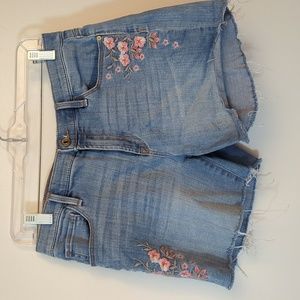 Floral and Frayed Denim Shorts
